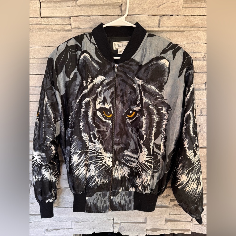 GDT Too Vintage Tiger Bomber Jacket Satin Grey Black